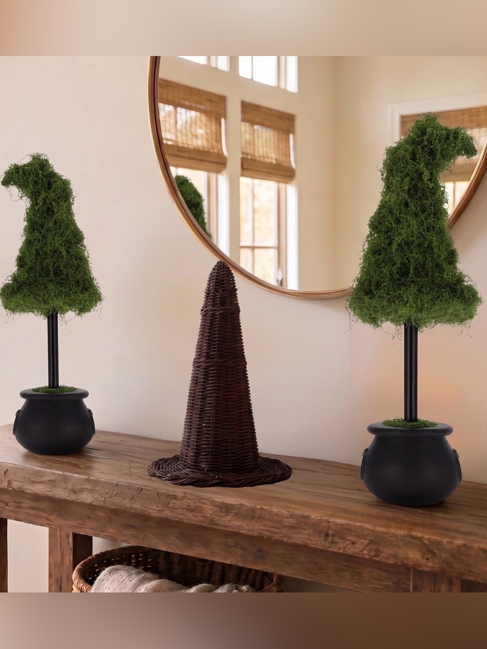 ✨ 🆕 My Texas House Halloween Moss Witch Hat Topiary in Cauldron - SET OF 2